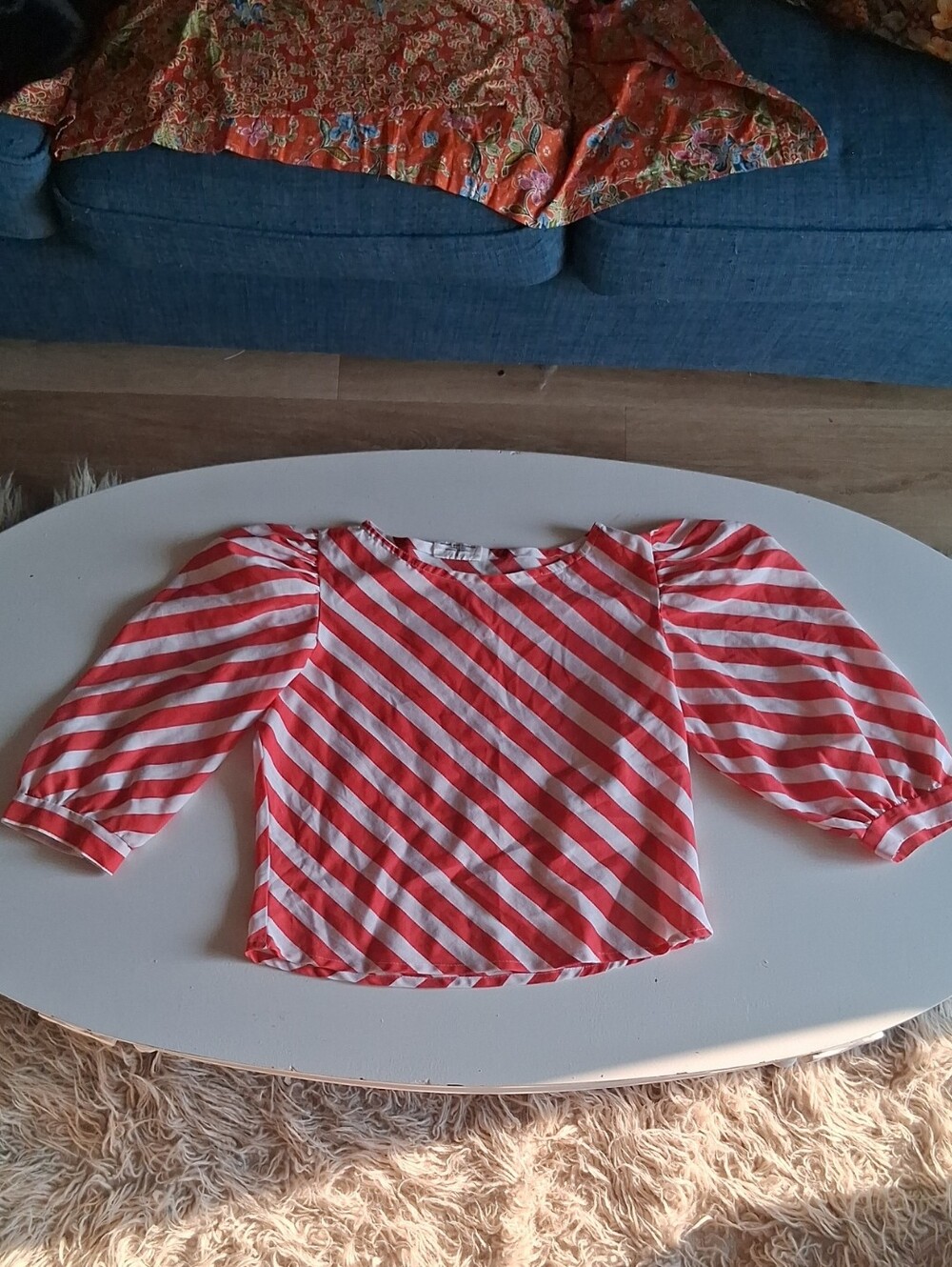 Striped Puff-Sleeve Blouse in Red and White